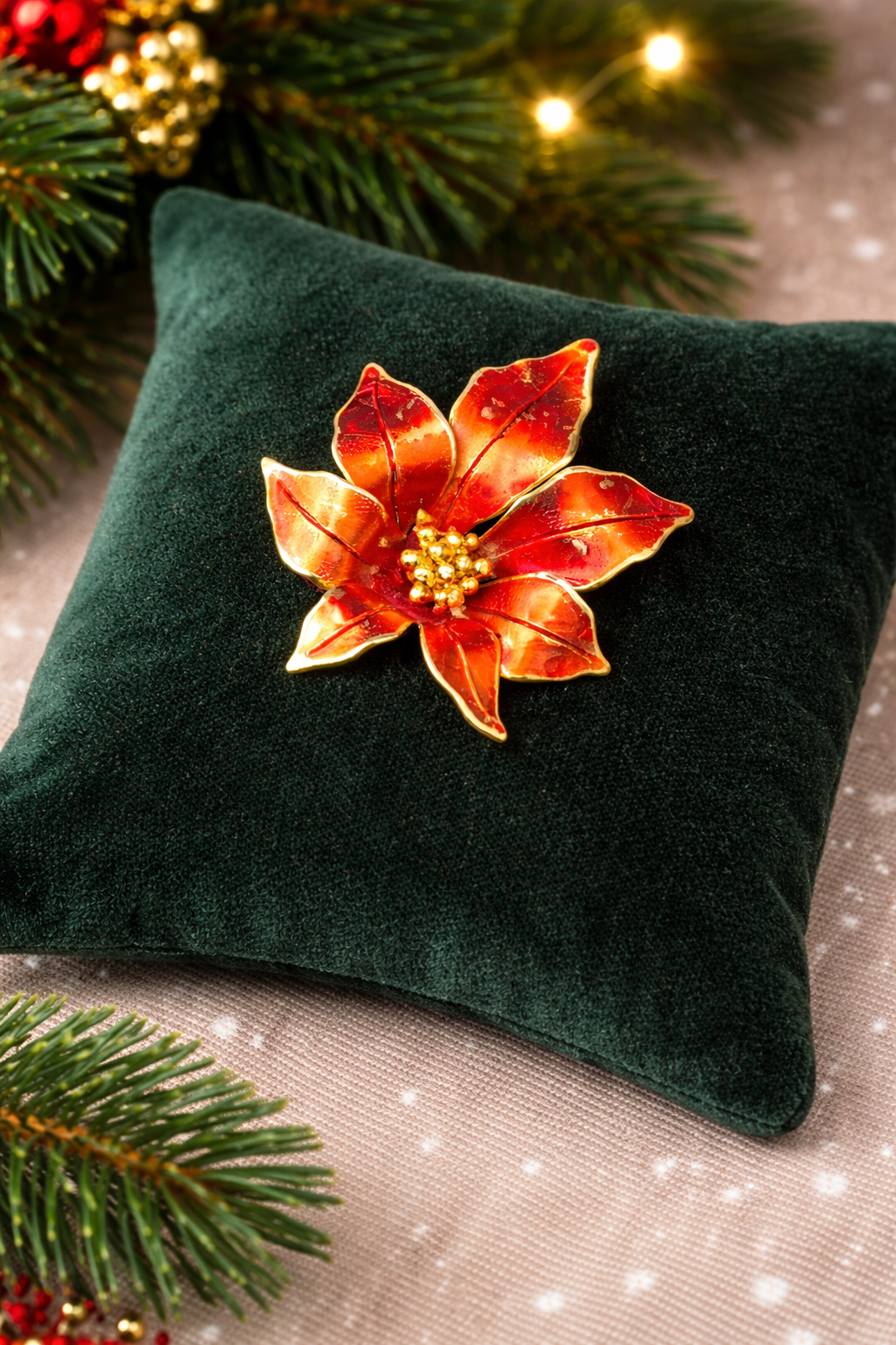 Vintage Cerrito Poinsettia Brooch Red Enamel Gold Tone Christmas Flower Pin Signed