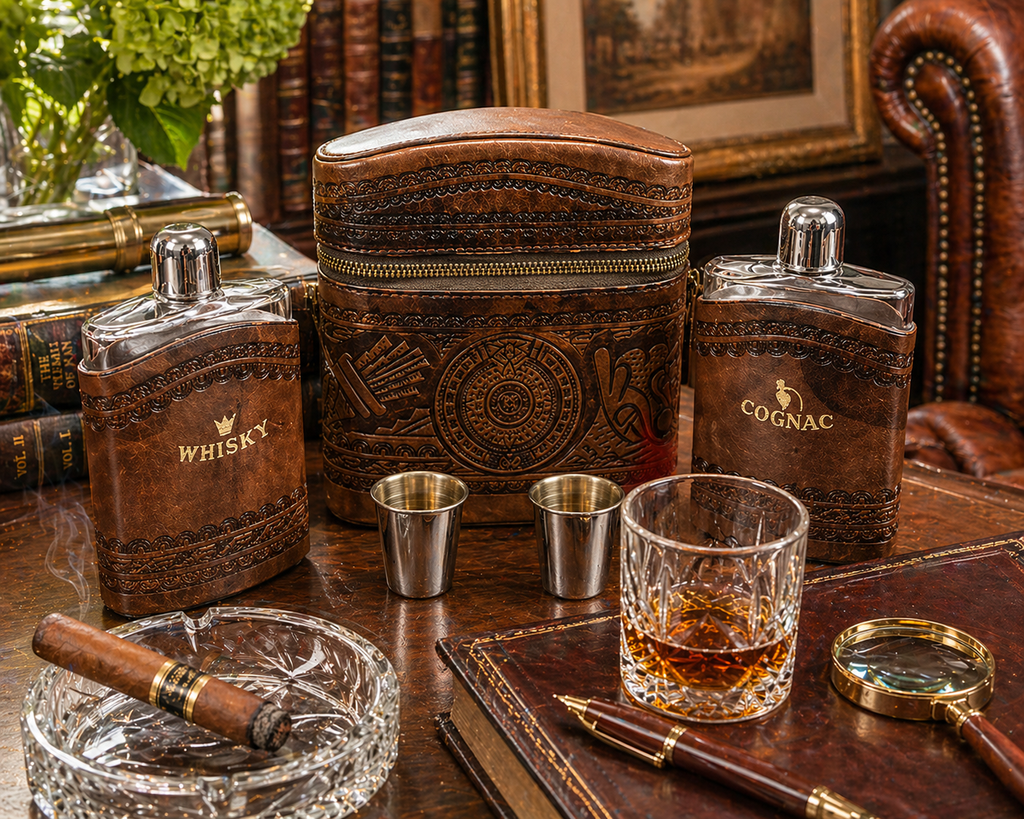 Vintage Leather Flask Set with Whisky and Cognac Bottles, Travel Bar Kit with Case & Cups