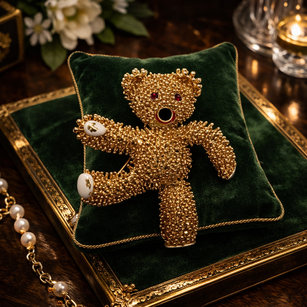 Camrose & Kross Jacqueline Kennedy Teddy Bear Brooch Gold Tone Crystal Figural Pin