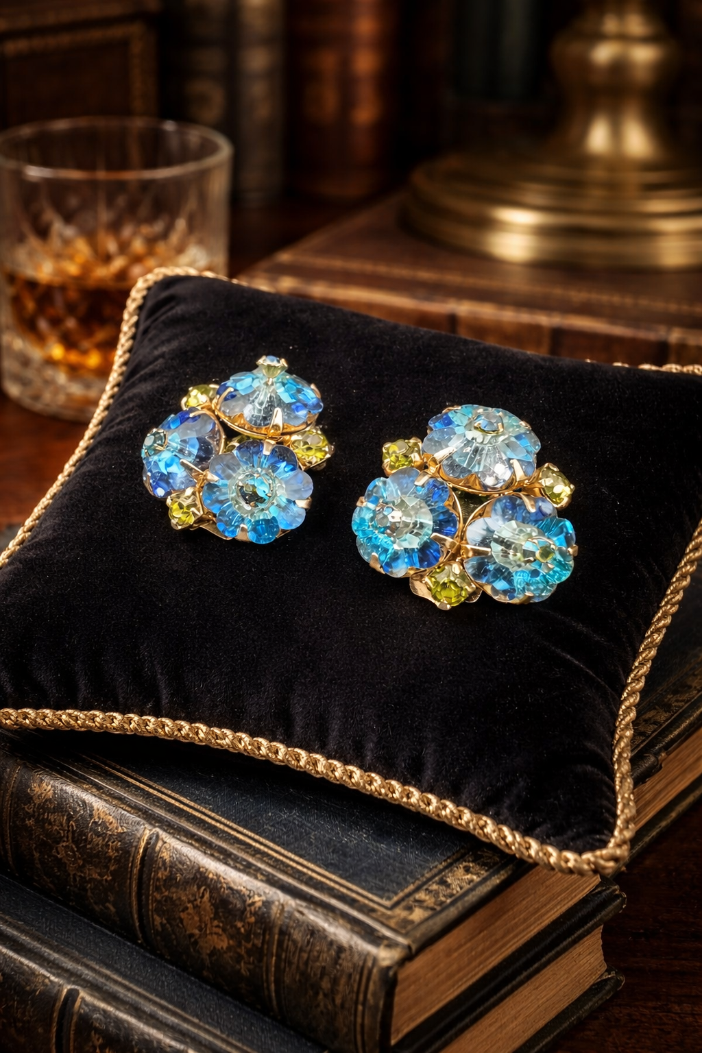 Gold Tone Blue Aurora Borealis Crystal Cluster Clip Earrings Floral Rhinestone Vintage Statement Jewelry