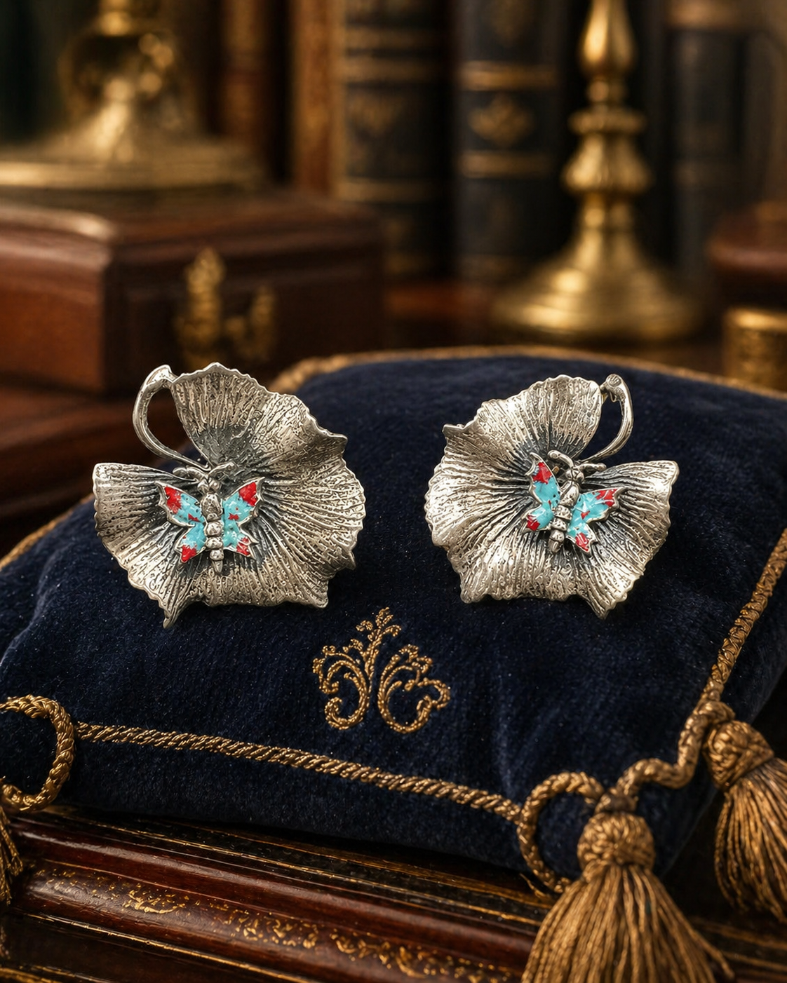 Rling Silver Tone Flower Butterfly Clip On Earrings