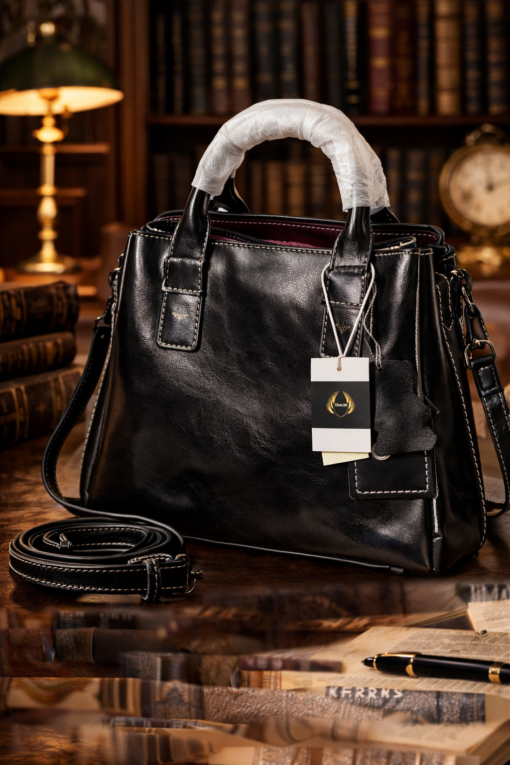 Ketturam Black Genuine Leather Satchel Tote Bag With Crossbody Strap Structured Handbag NWT