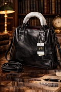Ketturam Black Genuine Leather Satchel Tote Bag With Crossbody Strap Structured Handbag NWT