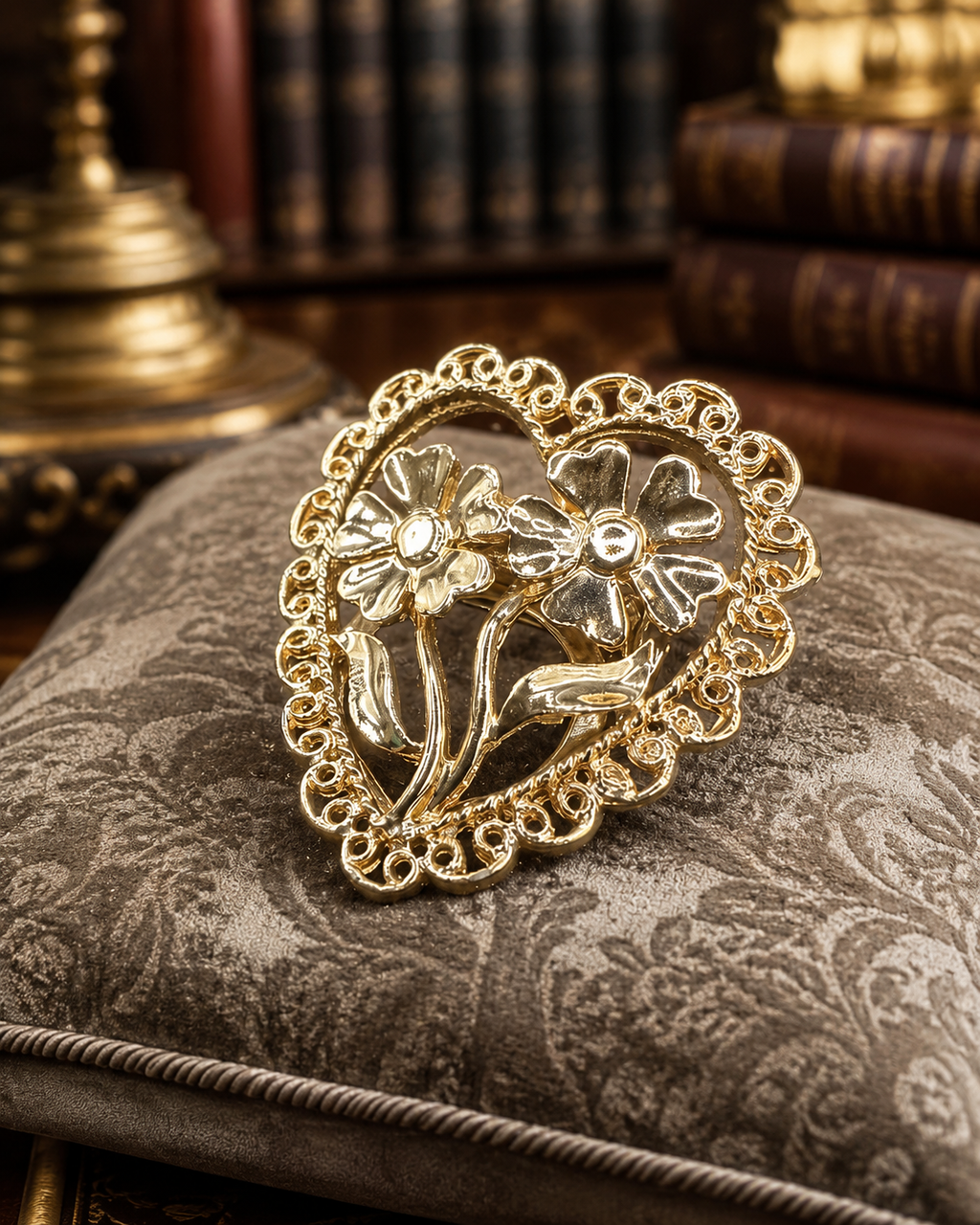 Vintage Gold Tone Heart Floral Brooch with Openwork Filigree Border and Dimensional Flower Design