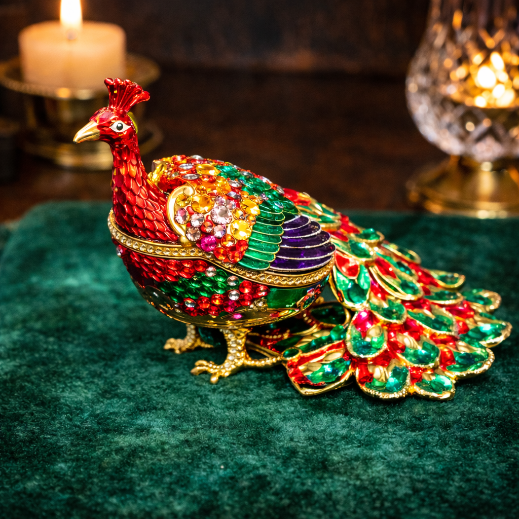 Enamel Rhinestone Peacock Trinket Box Jeweled Bird Figurine Hinged Decorative Jewelry Box
