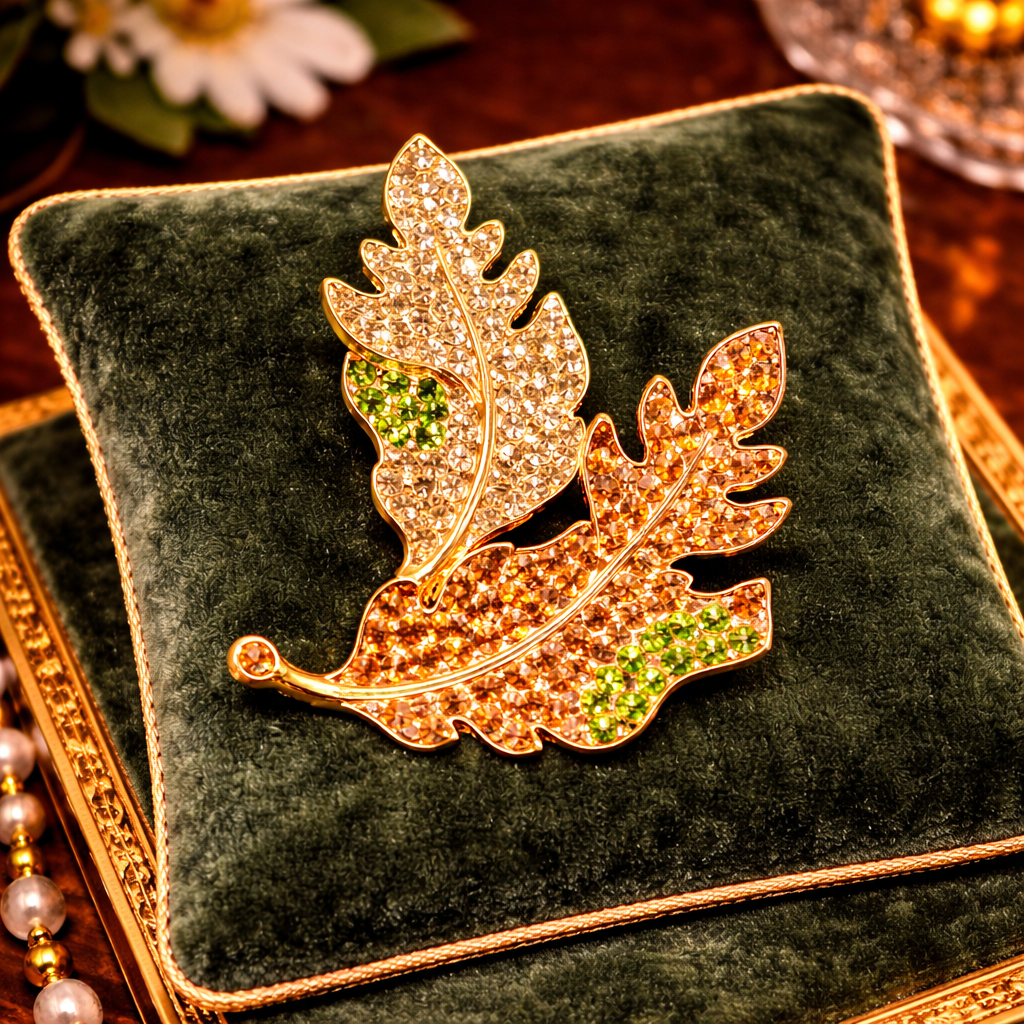 Vintage KJL Kenneth Jay Lane Gold Tone Leaf Brooch with Orange Green Rhinestones Statement Pin