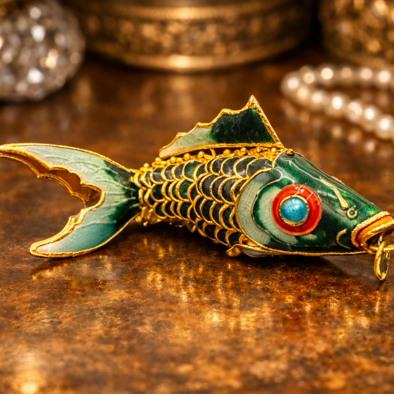 Green Enamel Cloisonne Articulated Fish Pendant Gold Tone Wirework Detail