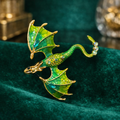 Vintage Gold Tone Green Enamel Flying Dragon Brooch with Rhinestone Accents | Fantasy Creature Statement Pin
