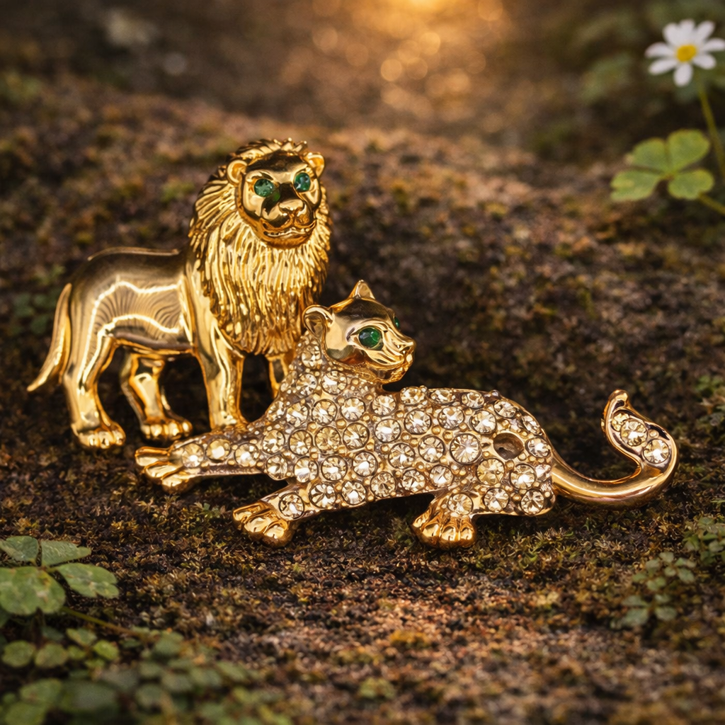 Gold Tone Lion And Lioness Brooch With Rhinestone Accents And Green Eyes
