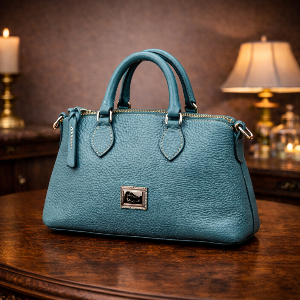 Dooney and Bourke Small Dillen Satchel | Teal Pebbled Leather Crossbody Bag with Strap and Dust Bag