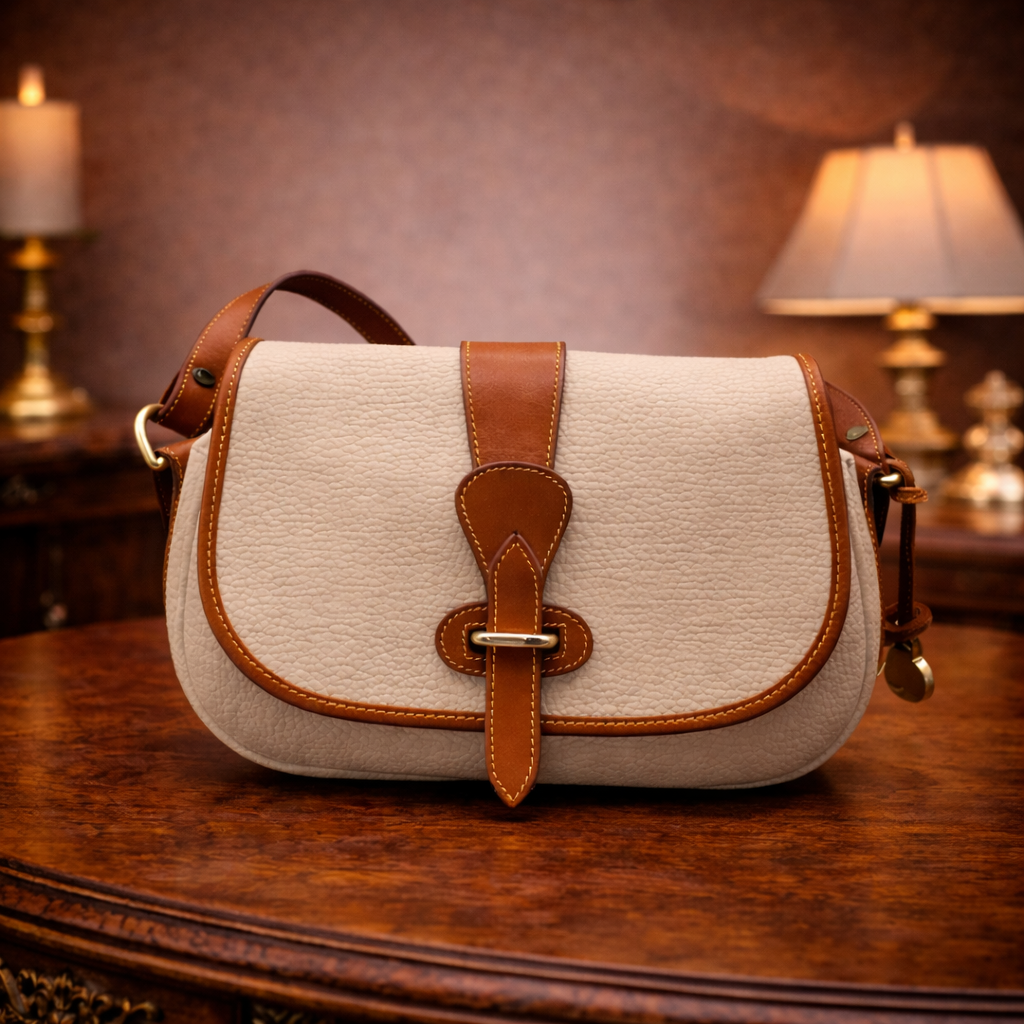 Vintage Dooney & Bourke Equestrian Tack Crossbody Bag | Cream Pebbled Leather Saddle Bag