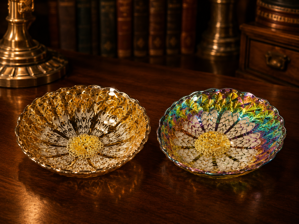 Peacock Gold Silver Multicolor Ceramic Cup Set of 2 in Box | 3.5" Decorative Trinket Bowls
