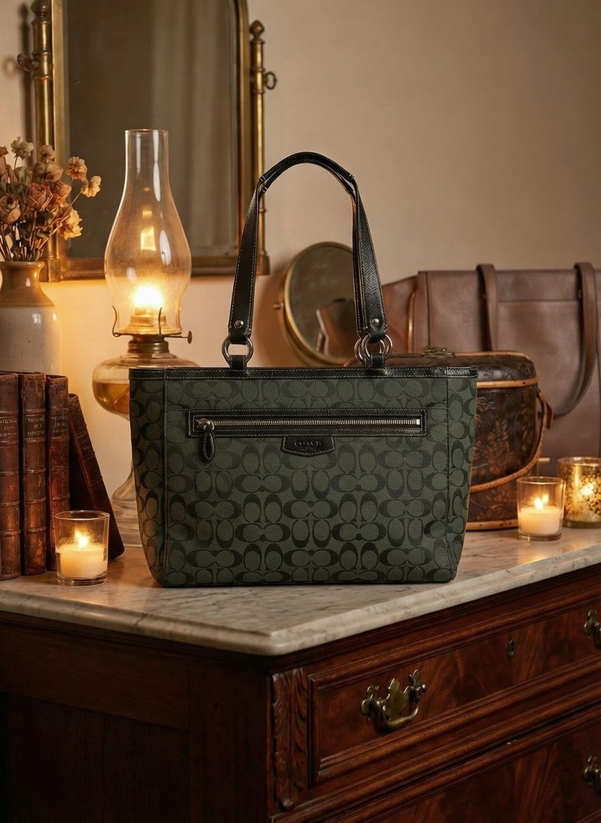 Coach Signature Patent Gallery Tote Bag in Hunter Green With Zip Pocket and Shoulder Straps