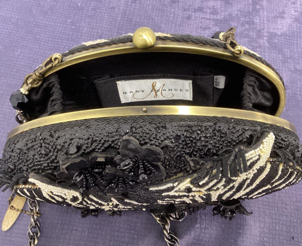 Mary Frances Zebra Beaded Clutch with Chain Strap | Retired Black White Statement Evening Bag