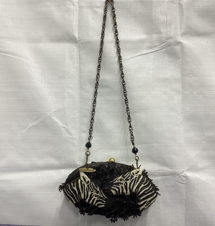 Mary Frances Zebra Beaded Clutch with Chain Strap | Retired Black White Statement Evening Bag
