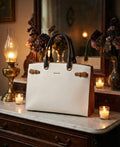 Bostanten Mizuki Classic Briefcase Tote Bag White With Navy Handles Zip Top