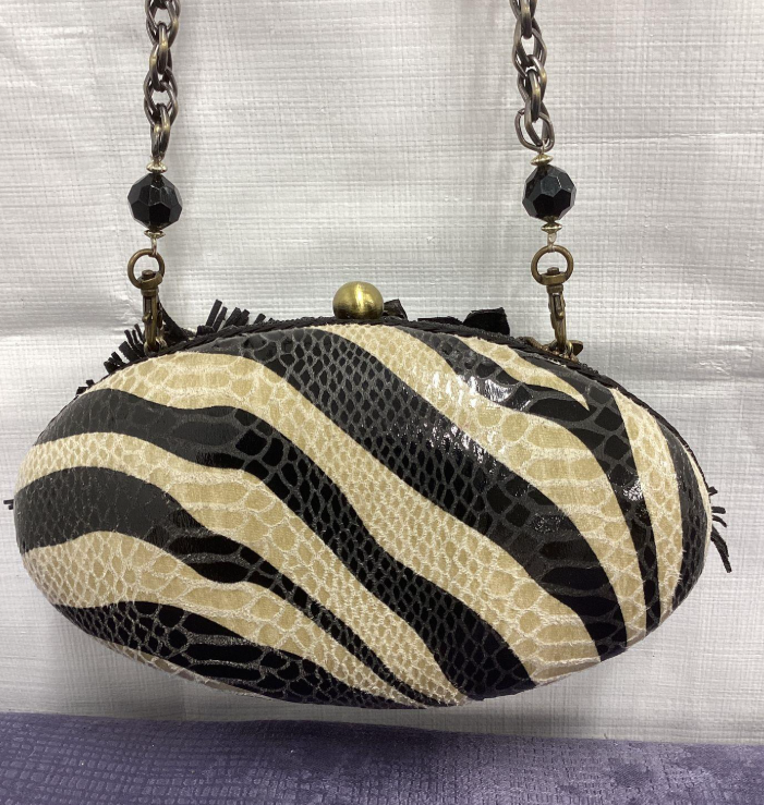 Mary Frances Zebra Beaded Clutch with Chain Strap | Retired Black White Statement Evening Bag