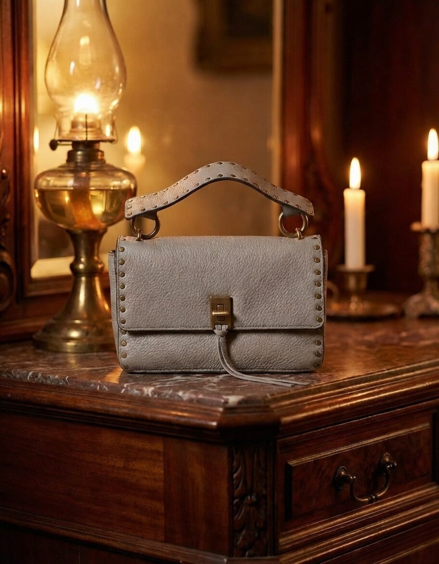 Rebecca Minkoff Taupe Pebbled Leather Crossbody Bag With Studded Strap and Flap