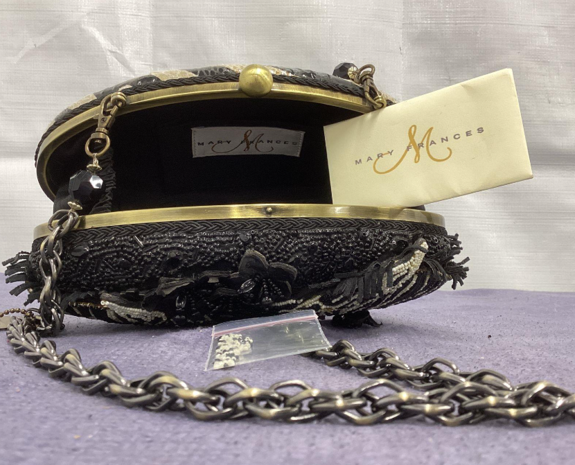 Mary Frances Zebra Beaded Clutch with Chain Strap | Retired Black White Statement Evening Bag