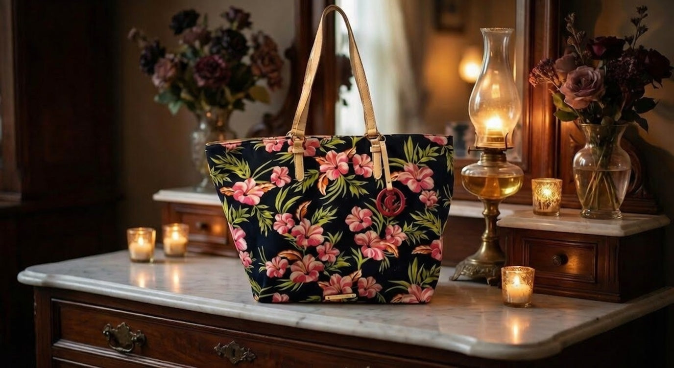 Juicy Couture Floral Tote Bag Multicolor Print With Gold Tone Shoulder Straps