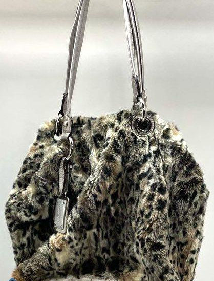 Makowsky Grey Black White Leopard Print Faux Fur Shoulder Bag
