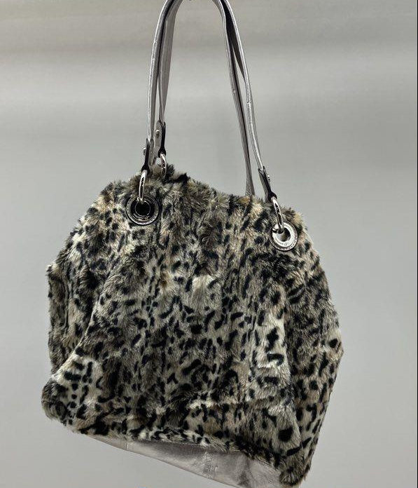 Makowsky Grey Black White Leopard Print Faux Fur Shoulder Bag