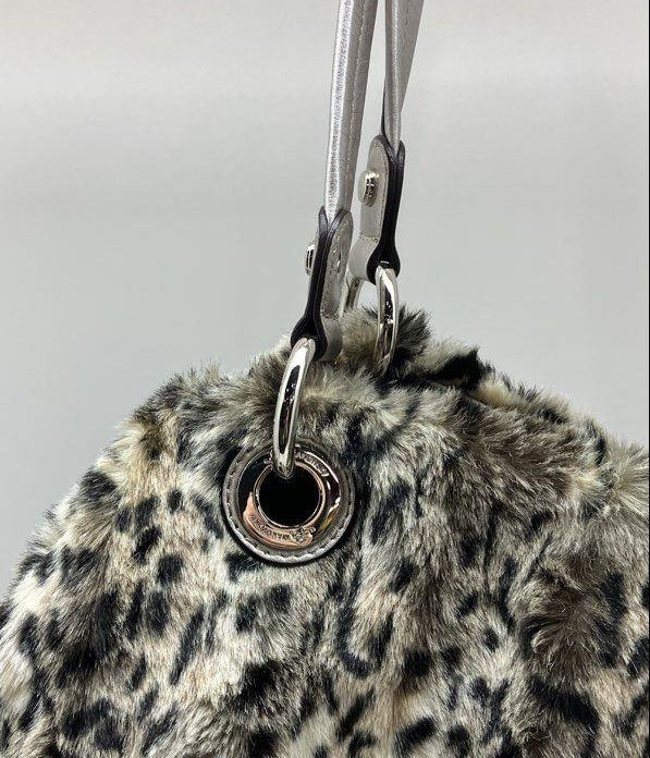 Makowsky Grey Black White Leopard Print Faux Fur Shoulder Bag