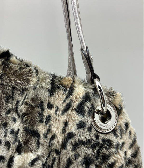 Makowsky Grey Black White Leopard Print Faux Fur Shoulder Bag