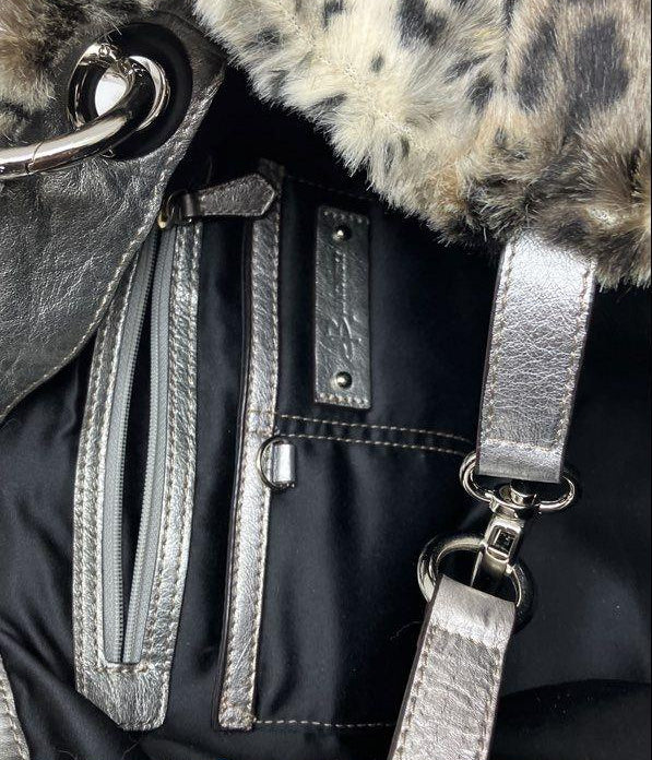 Makowsky Grey Black White Leopard Print Faux Fur Shoulder Bag