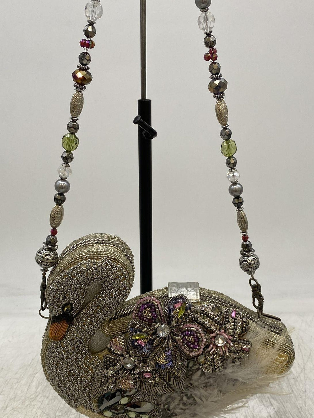 Mary Frances Swan Beaded, Rhinestone & Feather Clutch Handbag