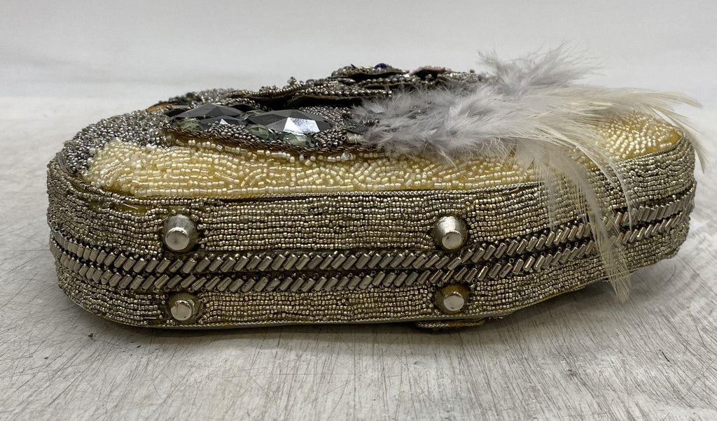 Mary Frances Swan Beaded, Rhinestone & Feather Clutch Handbag