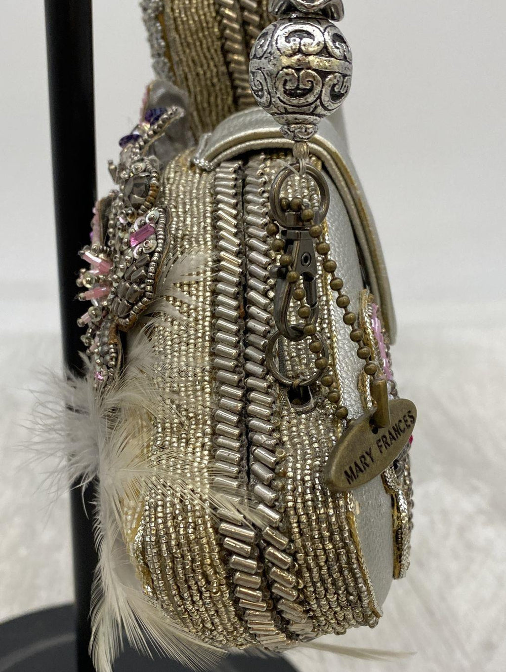 Mary Frances Swan Beaded, Rhinestone & Feather Clutch Handbag