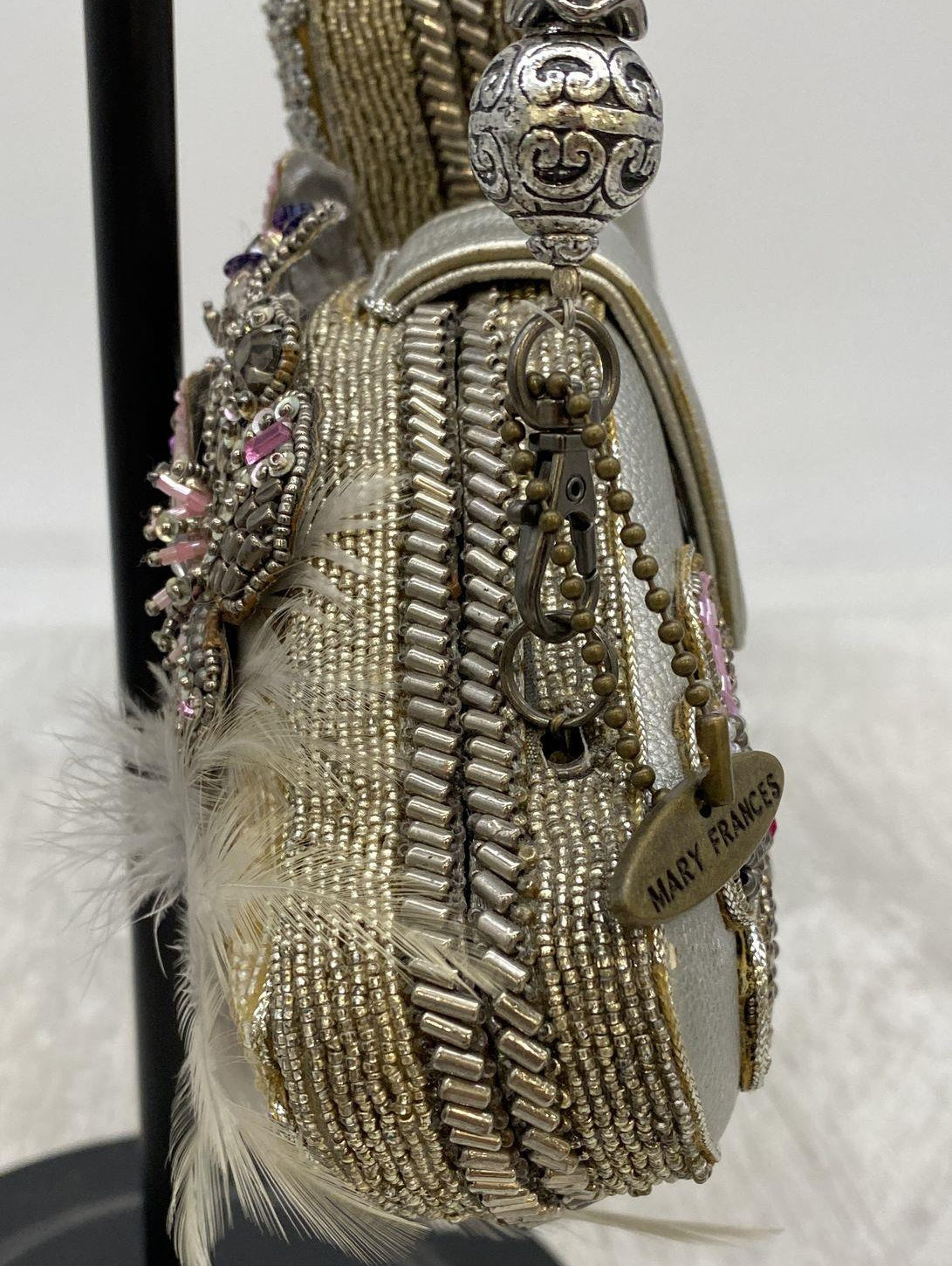 Mary Frances Swan Beaded, Rhinestone & Feather Clutch Handbag