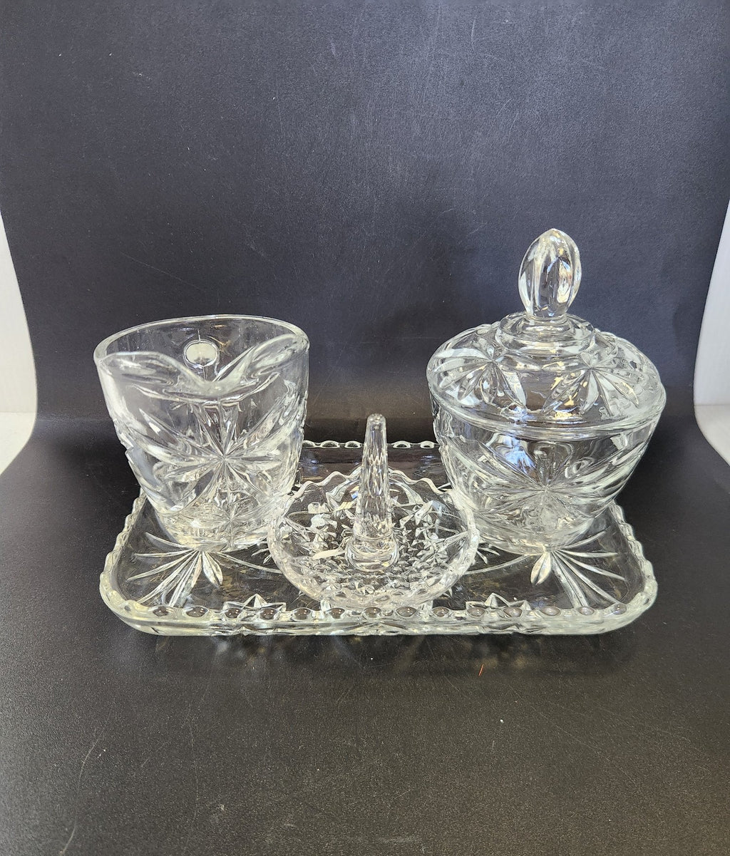 Vintage Pressed Glass Vanity Set Starburst Floral Cut Tray Jar Creamer Ring