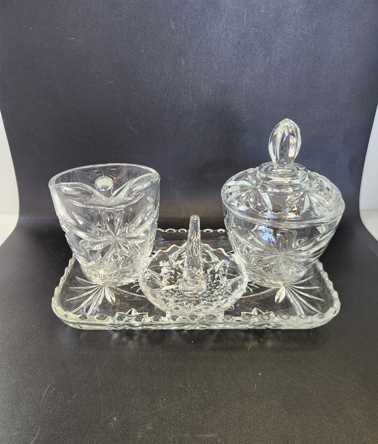 Vintage Pressed Glass Vanity Set Starburst Floral Cut Tray Jar Creamer Ring