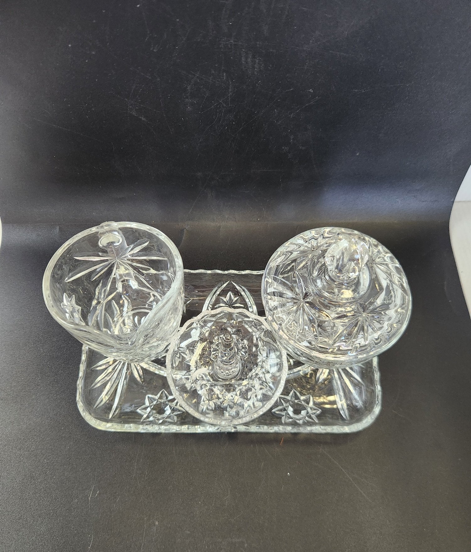 Vintage Pressed Glass Vanity Set Starburst Floral Cut Tray Jar Creamer Ring