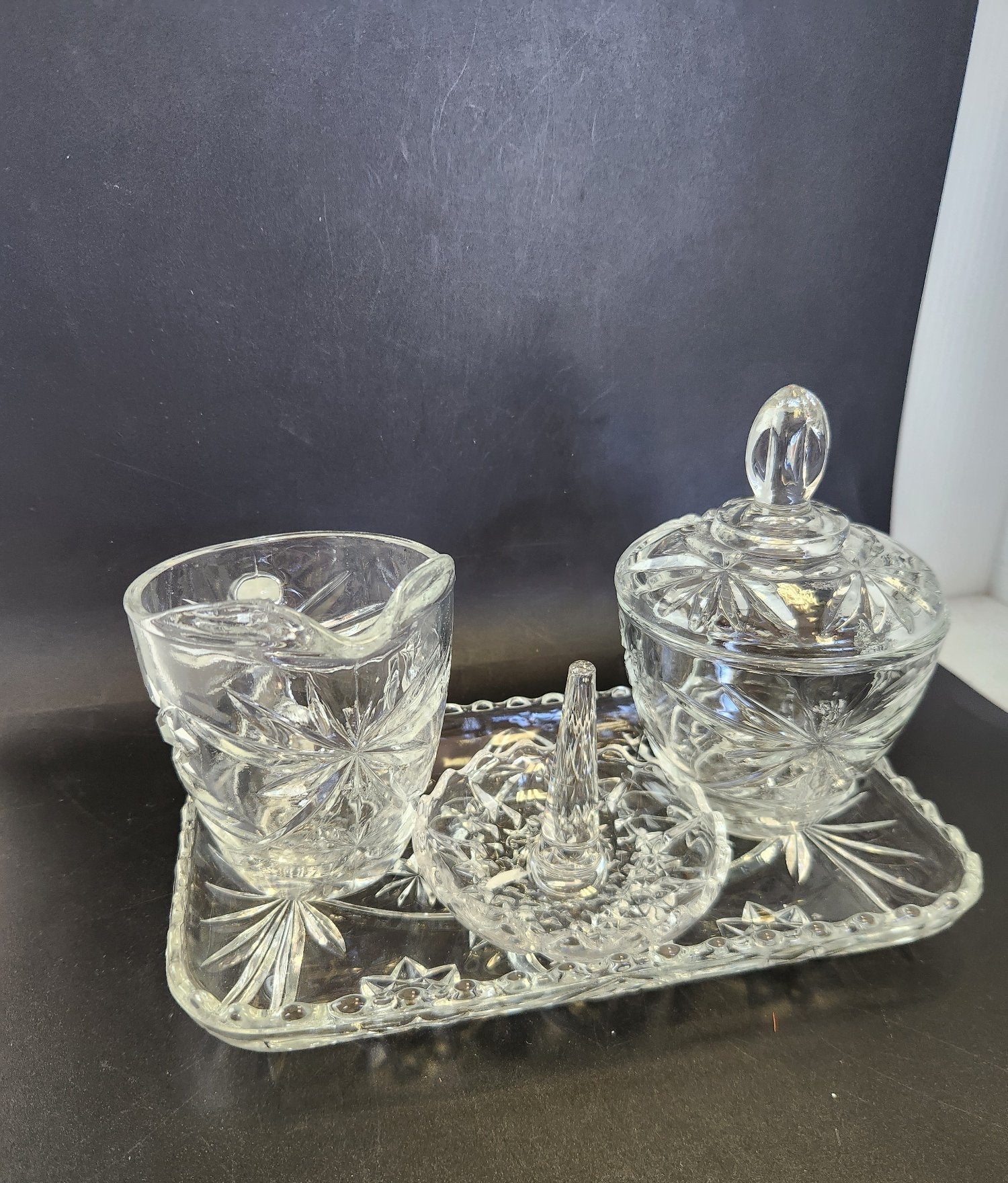 Vintage Pressed Glass Vanity Set Starburst Floral Cut Tray Jar Creamer Ring