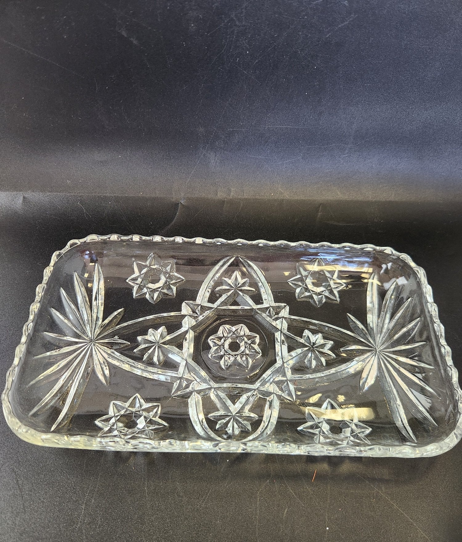 Vintage Pressed Glass Vanity Set Starburst Floral Cut Tray Jar Creamer Ring