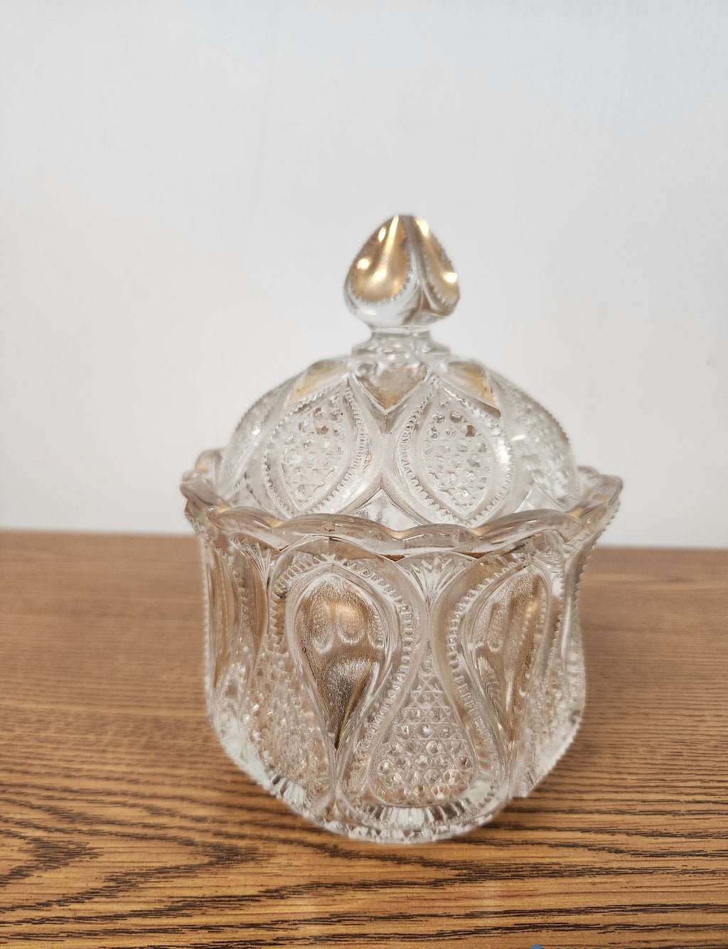 Vintage Pressed Glass Candy Dish Covered Compote Gold Gilded Accents