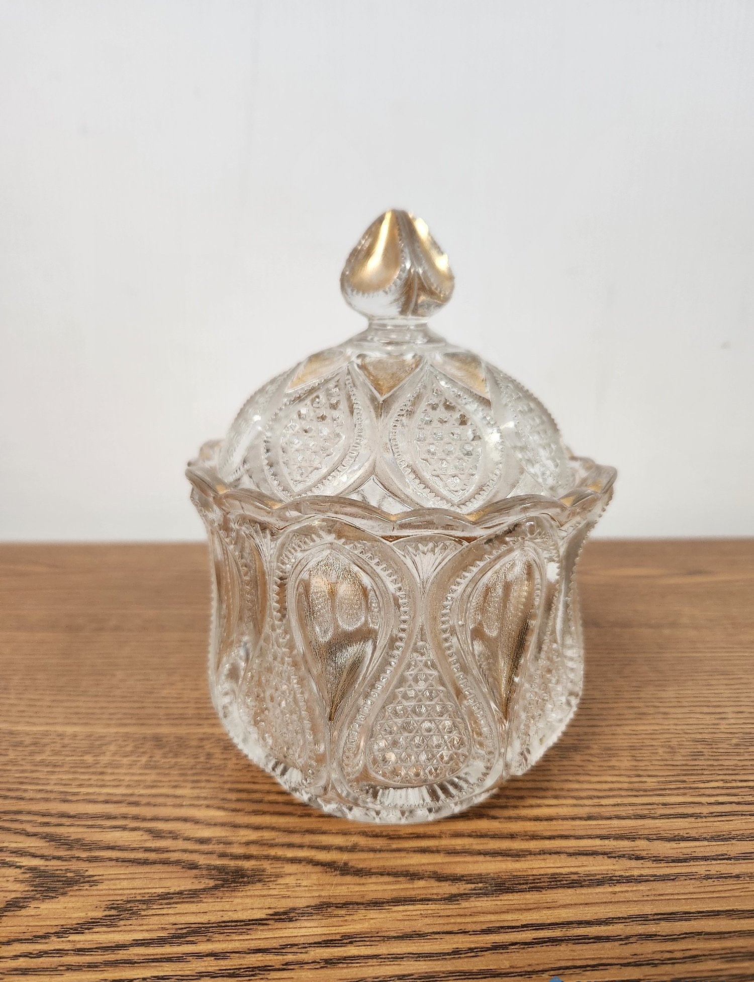 Vintage Pressed Glass Candy Dish Covered Compote Gold Gilded Accents