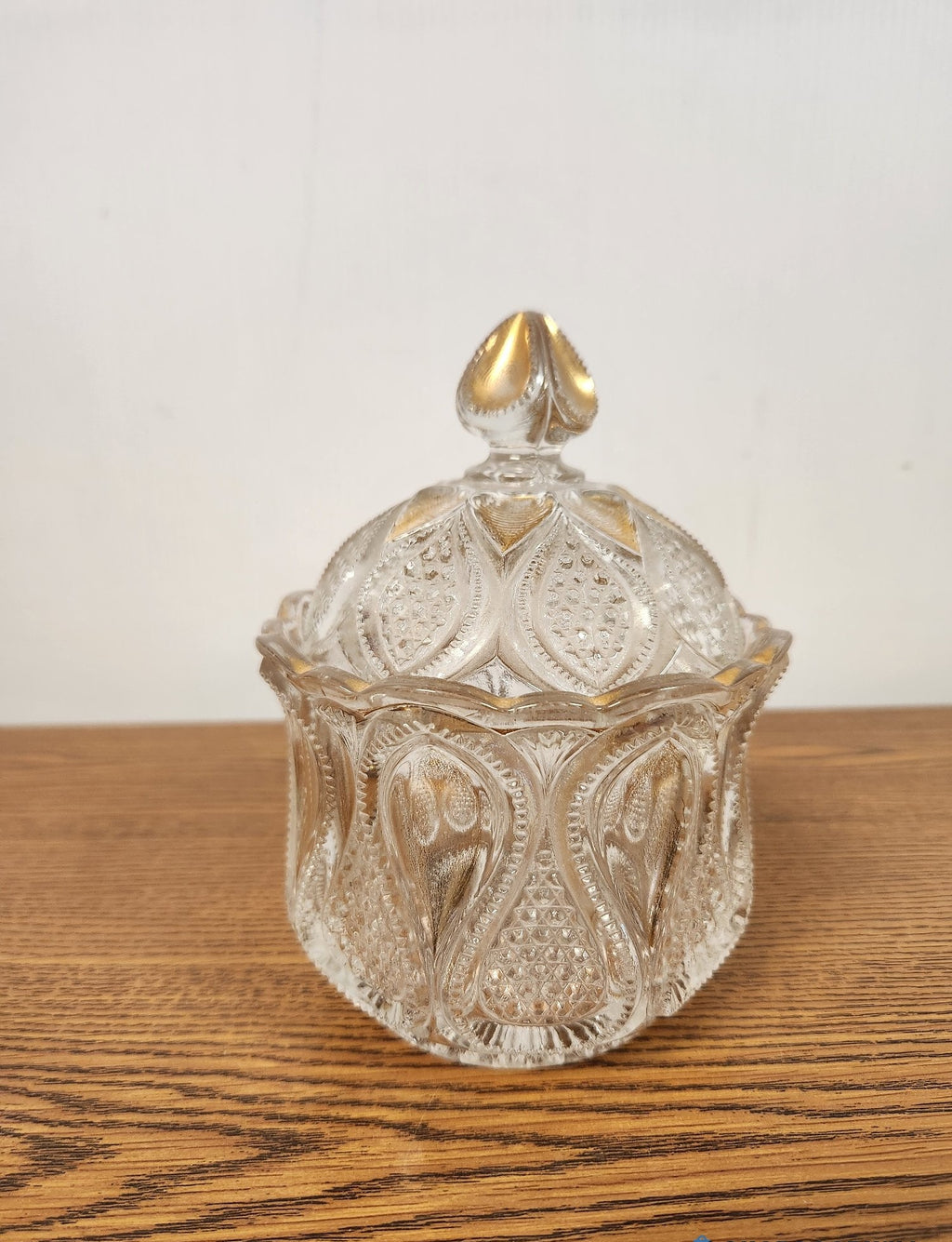 Vintage Pressed Glass Candy Dish Covered Compote Gold Gilded Accents