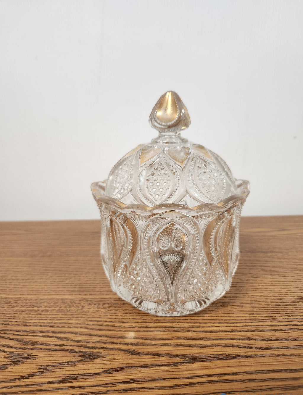 Vintage Pressed Glass Candy Dish Covered Compote Gold Gilded Accents