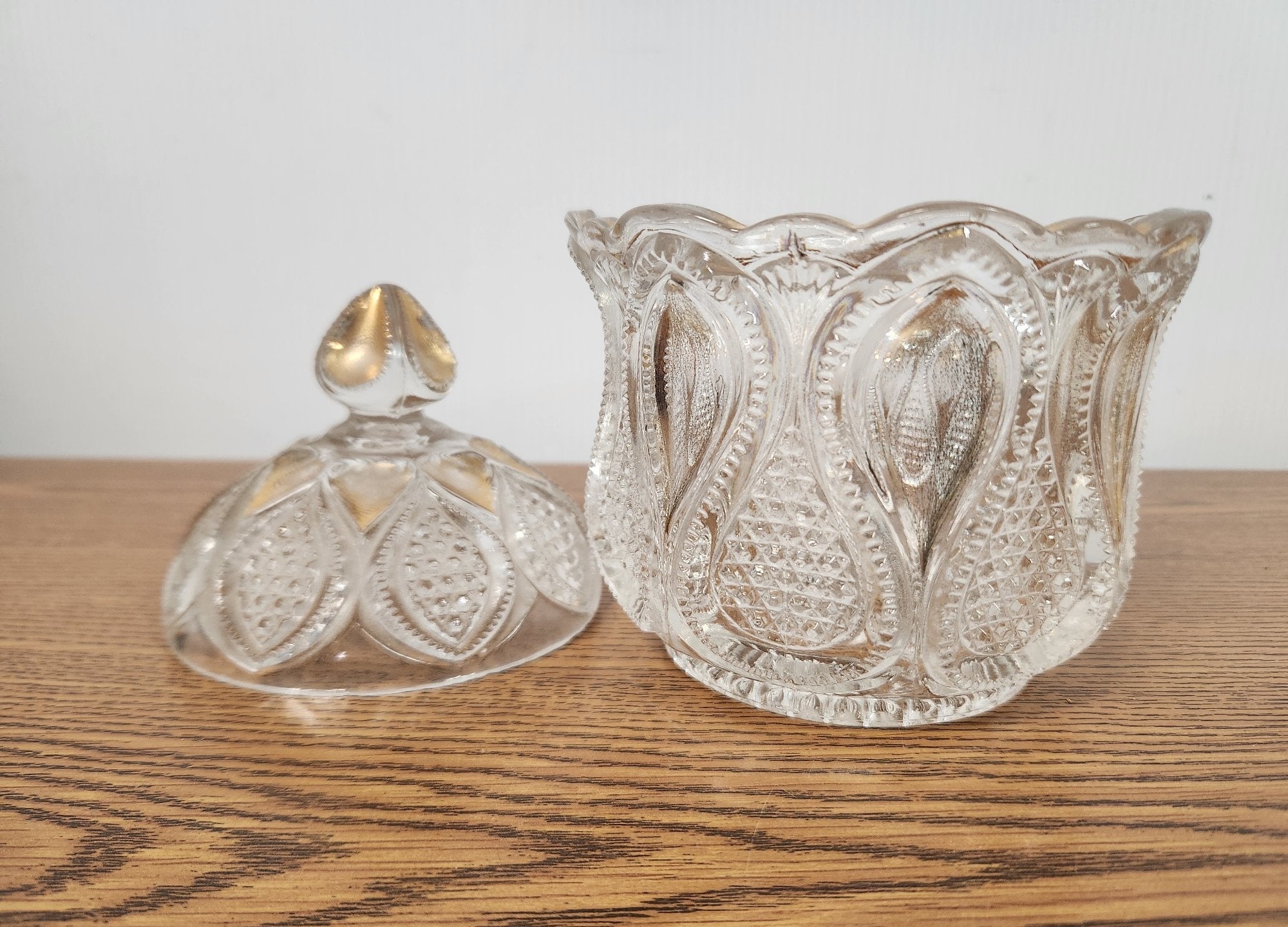 Vintage Pressed Glass Candy Dish Covered Compote Gold Gilded Accents