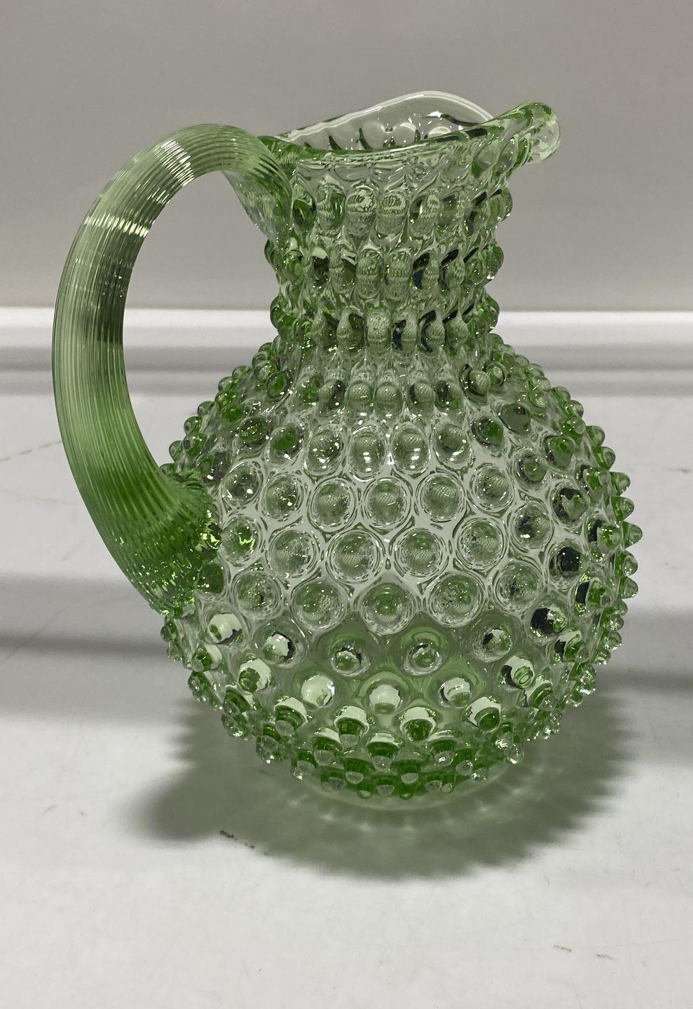 Hand-Blown Green Hobnail Crystal Jug