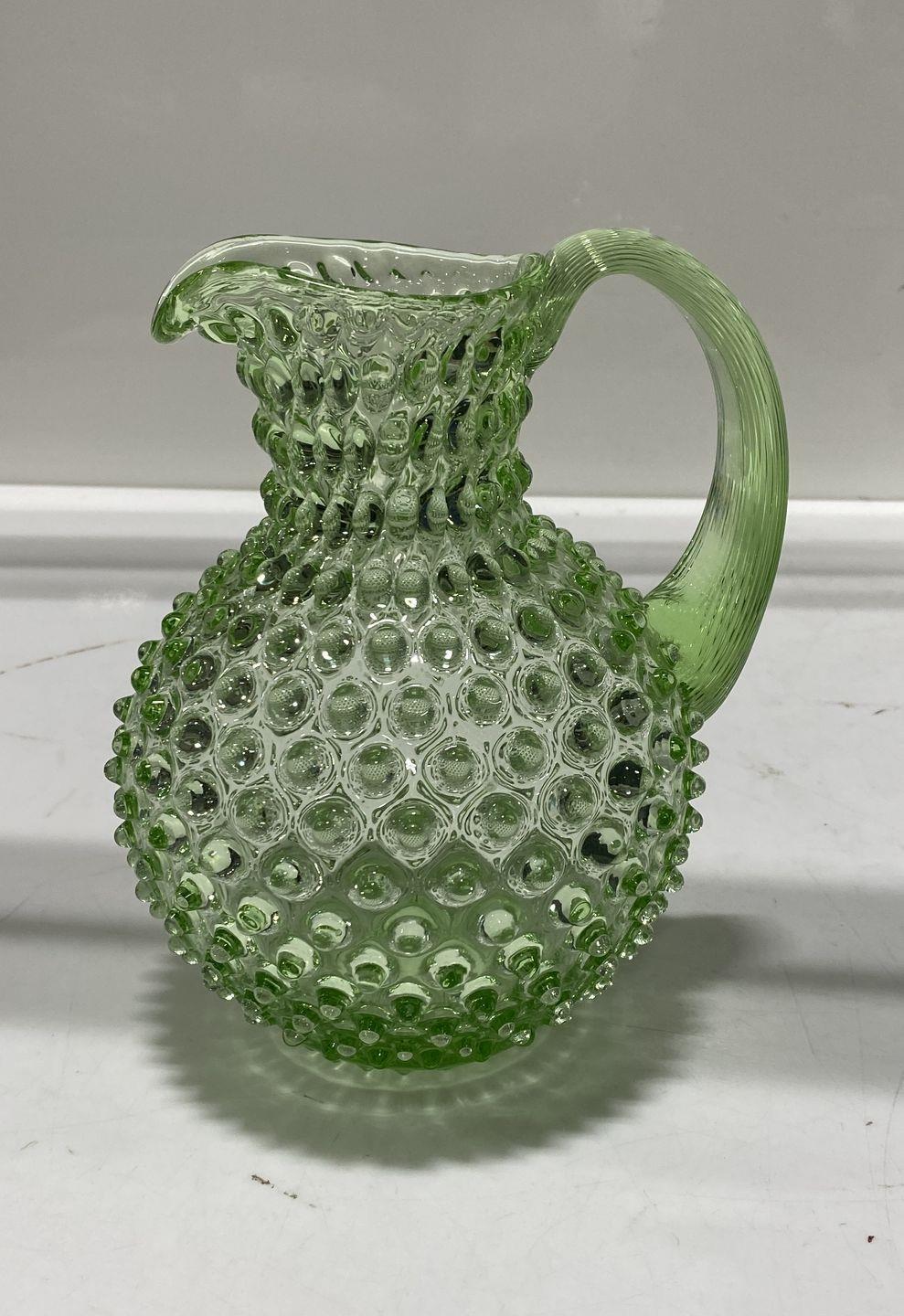 Hand-Blown Green Hobnail Crystal Jug
