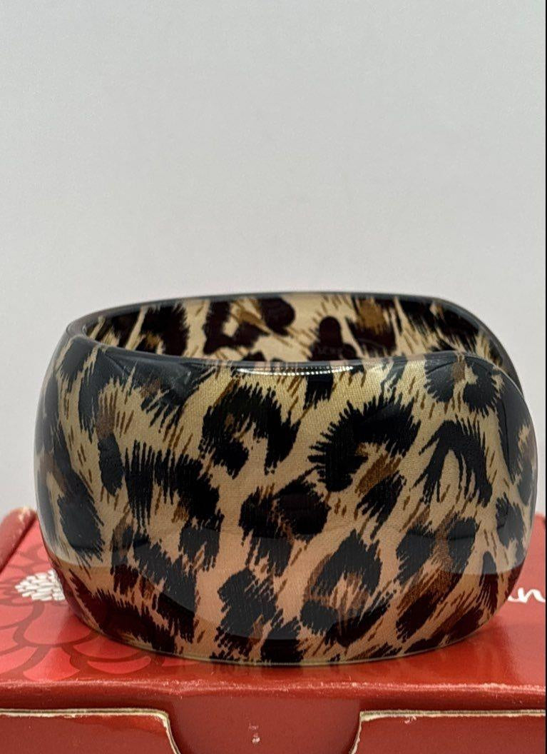 Penelope Ann Nakura Cat Leopard Print Resin Statement Cuff Bracelet 1.6" Wide