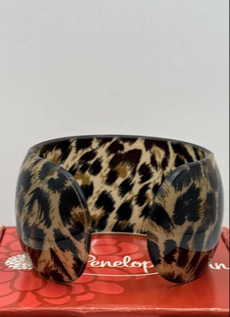 Penelope Ann Nakura Cat Leopard Print Resin Statement Cuff Bracelet 1.6" Wide