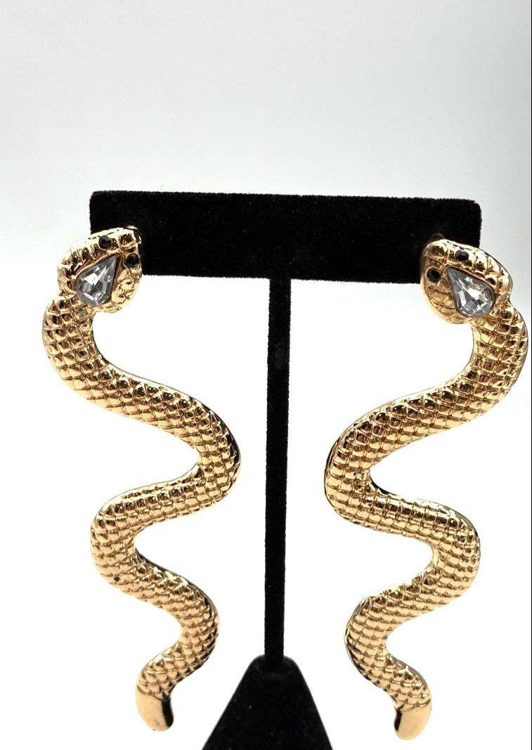 Gold Tone Icy Rhinestone Snake Serpent Statement Post Earrings 36.9g