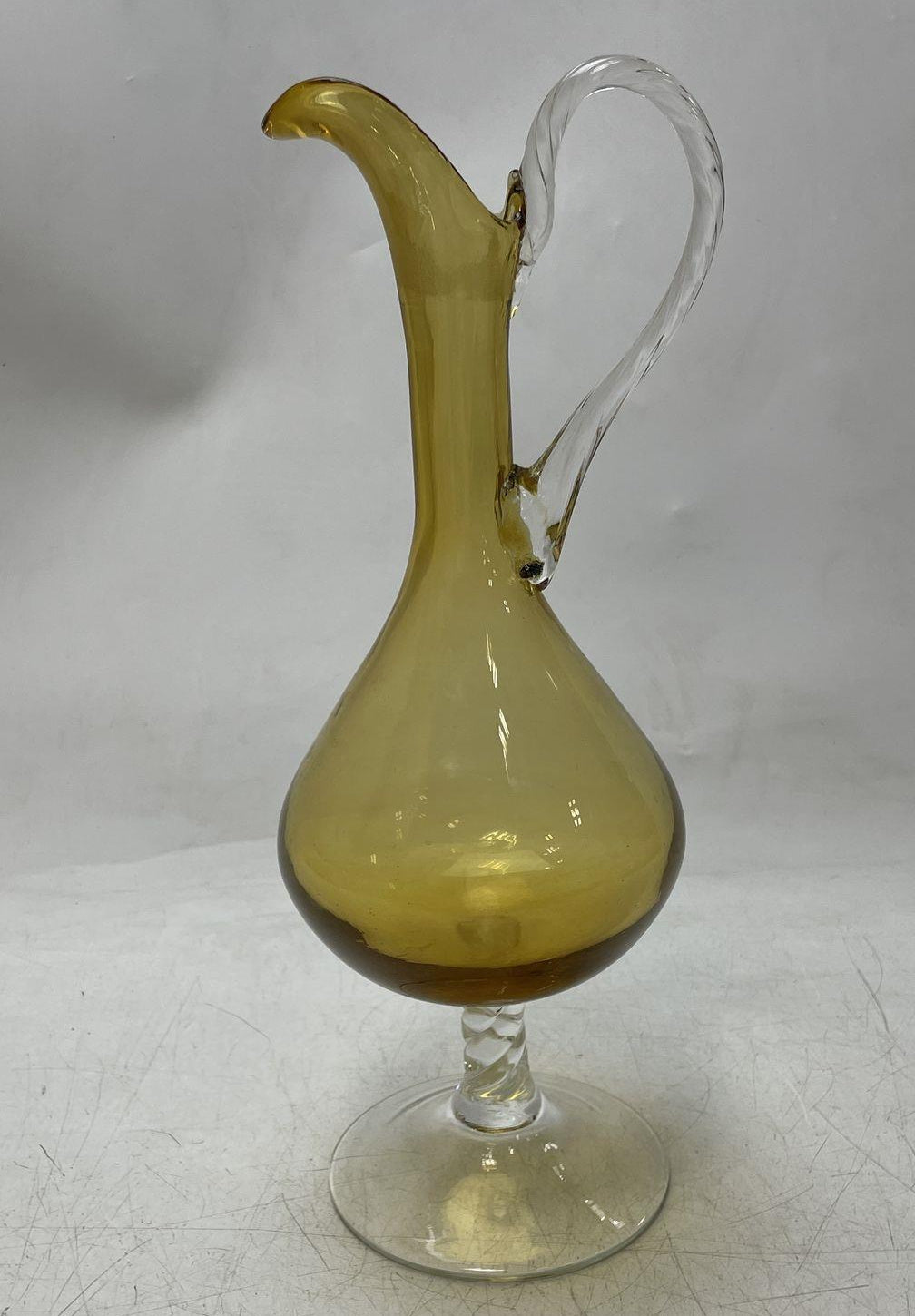 Vintage Amber Glass Decanter Pitcher with Twisted Clear Handle