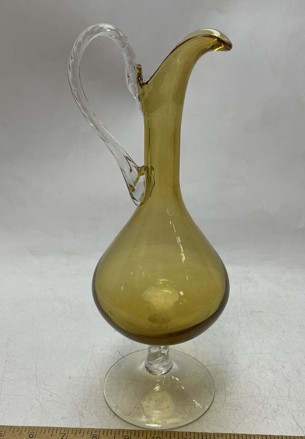 Vintage Amber Glass Decanter Pitcher with Twisted Clear Handle